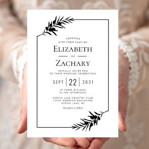 Simple Botanical Frame Black and White Wedding Invitation