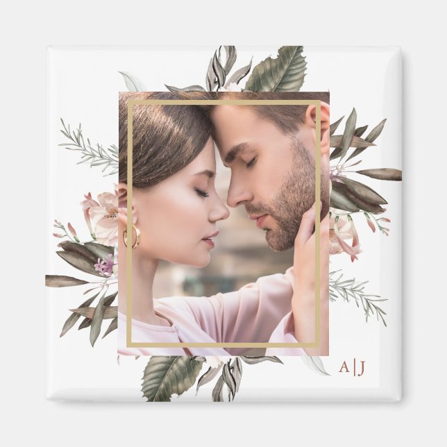 Simple Botanical Framed Photo Monogram Magnet (Front)