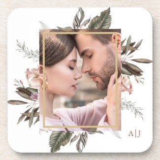 Simple Botanical Framed Photo with Monogram Beverage Coaster