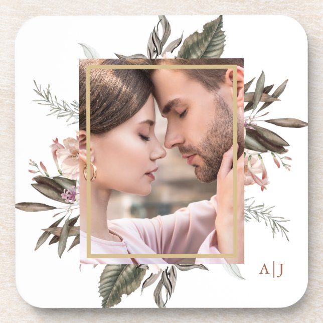 Simple Botanical Framed Photo with Monogram Beverage Coaster (Front)