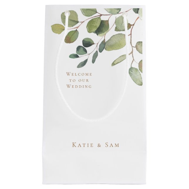 Simple Botanical Gold Text White Wedding Welcome Small Gift Bag (Front)
