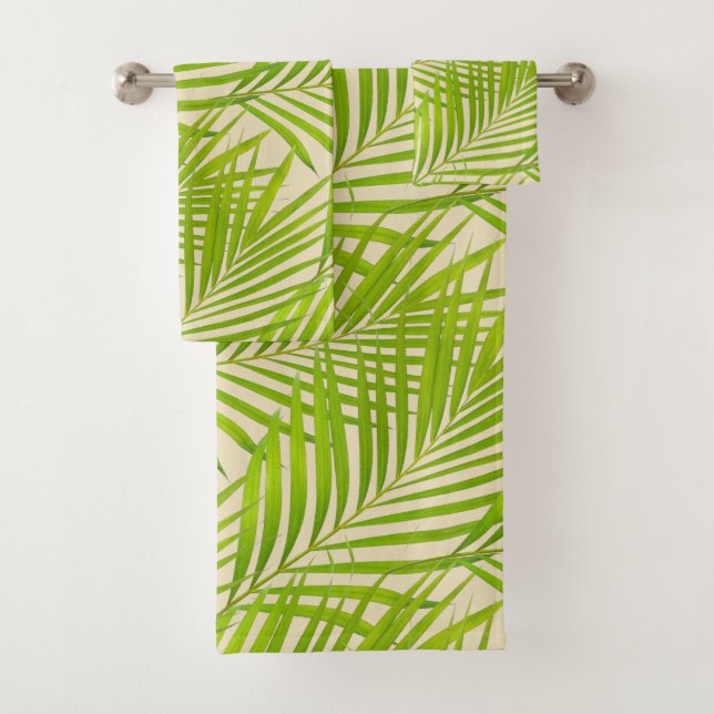 Simple Botanical Green Palm Leaves on Beige Bath Towel Set (Insitu)