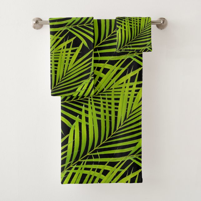 Simple Botanical Green Palm Leaves on Black Bath Towel Set (Insitu)