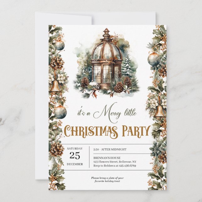 Simple botanical green wreath and gold lantern invitation (Front)