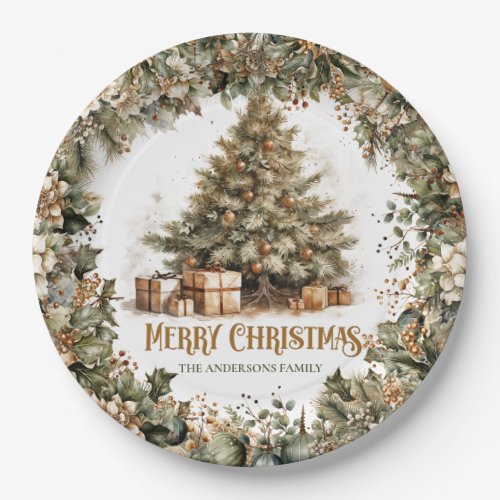 Simple botanical green wreath gold Christmas tree Paper Plates
