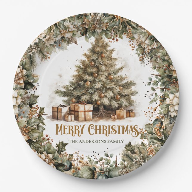 Simple botanical green wreath gold Christmas tree Paper Plates (Front)