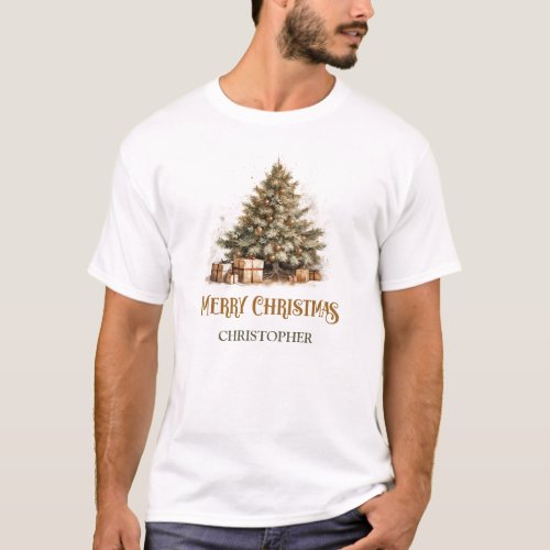 Simple botanical green wreath gold Christmas tree T_Shirt