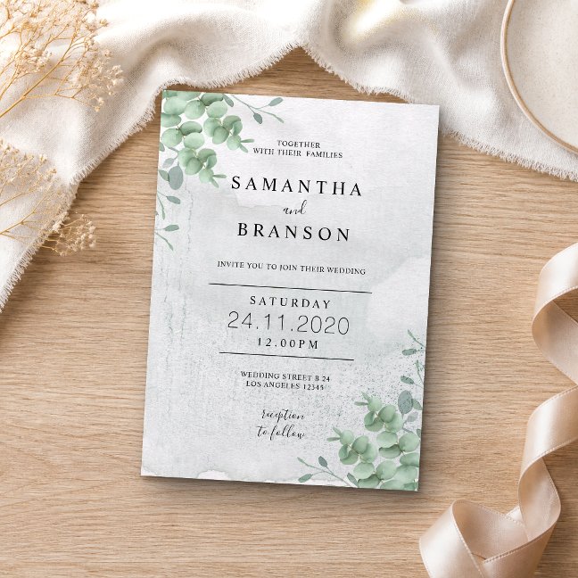 Simple Botanical Greenery Leaves Wreath Eucalyptus Invitation