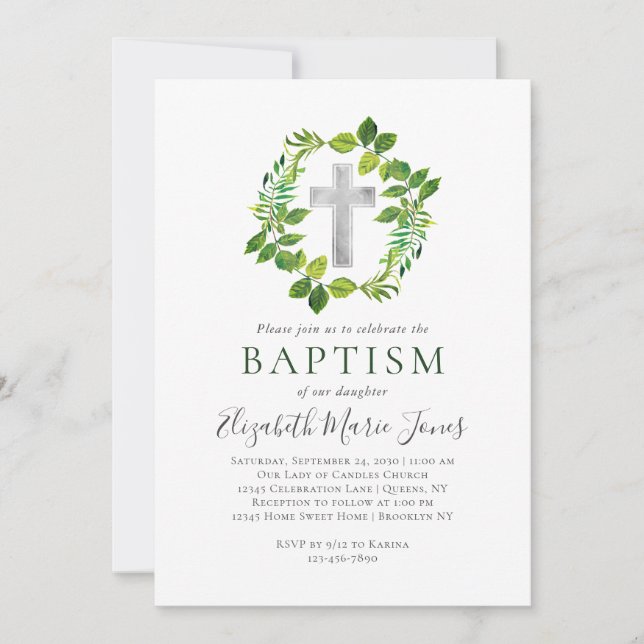 Simple Botanical Greenery Wreath Cross Baptism Invitation (Front)