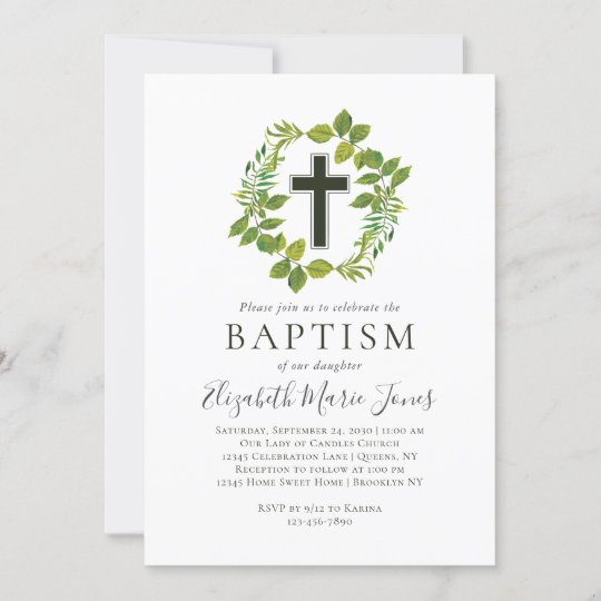 Simple Botanical Greenery Wreath Cross Baptism Invitation | Zazzle.com