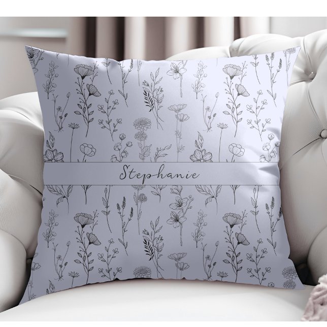 Simple Botanical Hand Drawn Floral Light Blue Throw Pillow (Creator Uploaded)