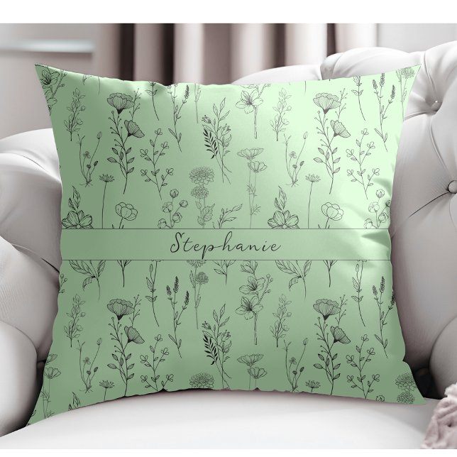 Simple Botanical Hand Drawn Floral Mint Green Throw Pillow (Creator Uploaded)