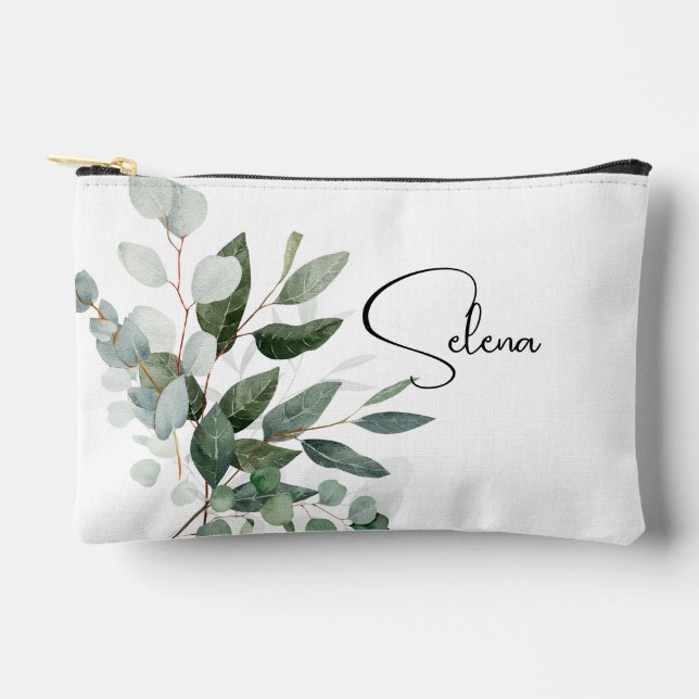Simple Botanical Leaves with Name Accessory Pouch (Front)