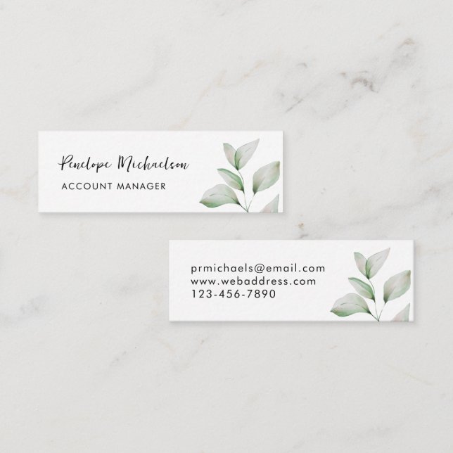 Simple Botanical Leaves with Pretty Script Mini Business Card (Front/Back)
