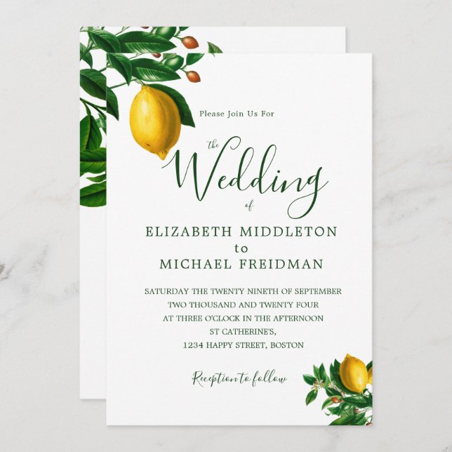 Simple Botanical Lemons Green  Monogram Elegant Invitation (Front/Back)