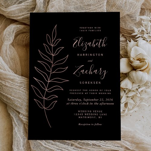 Simple Botanical Line Art Black Rose Gold Wedding Invitation
