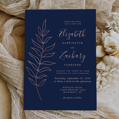 Simple Botanical Line Art Navy Rose Gold Wedding Invitation