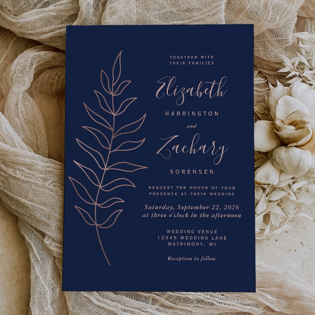 Simple Botanical Line Art Navy Rose Gold Wedding Invitation (Creator Uploaded)