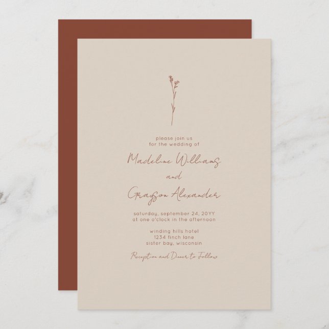 Simple Botanical Line Art Wedding Invitation (Front/Back)
