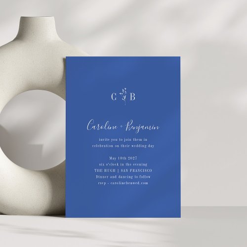 Simple Botanical Minimalist Monogram Blue Wedding Invitation