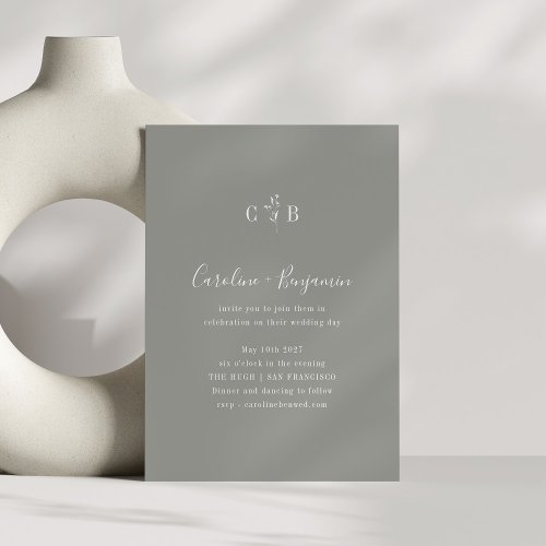 Simple Botanical Minimalist Monogram Gray Wedding Invitation