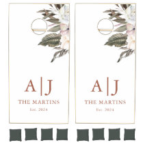 Monogram Family Name Grain Wood Wedding Cornhole Set