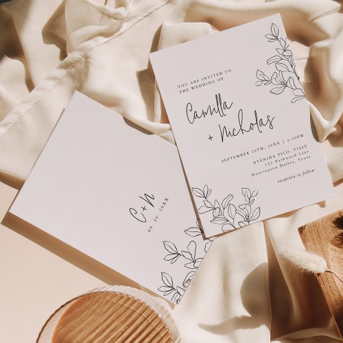 Simple Botanical Monogram Black  White Wedding Invitation