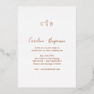 Simple Botanical Monogram Boho Wedding Rose Gold Foil Invitation