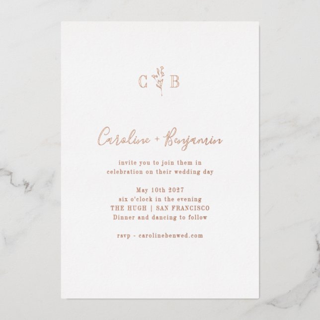 Simple Botanical Monogram Boho Wedding Rose Gold Foil Invitation (Front)