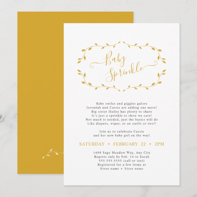 Simple Botanical Mustard Baby Sprinkle  Invitation (Front/Back)