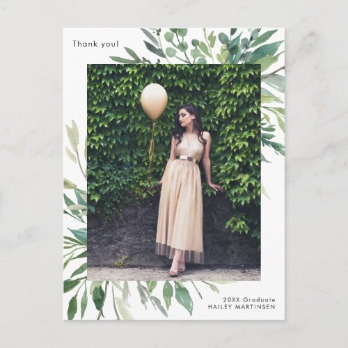 Simple Botanical One Photo Graduation Thank You Postcard