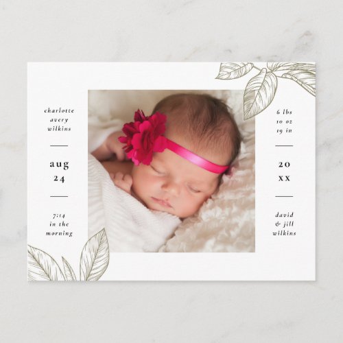 Simple Botanical Photo Birth Announcement Postcard