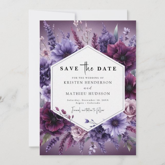 Simple Botanical Purple Floral Wedding Save The Date (Front)