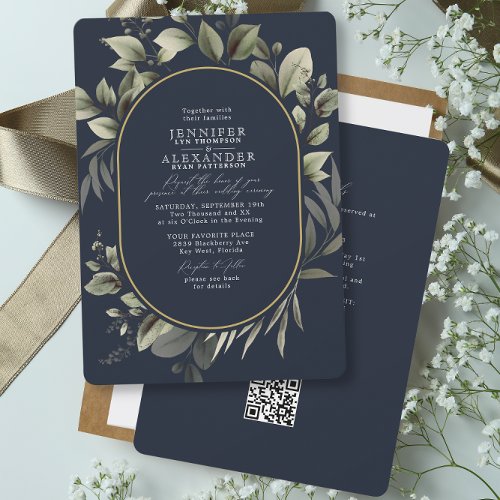Simple Botanical RSVP QR Code Dark Navy Wedding Invitation