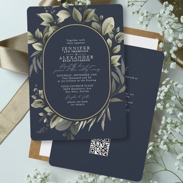 Simple Botanical RSVP QR Code Dark Navy Wedding Invitation (Creator Uploaded)