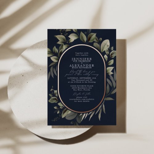Simple Botanical  RSVP QR Code Navy Wedding Rose  Foil Invitation
