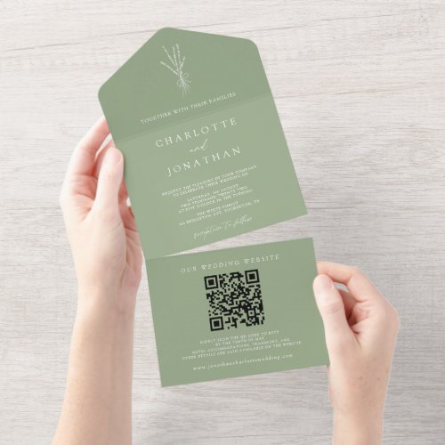 Simple Botanical Sage Wedding All In One Invitation