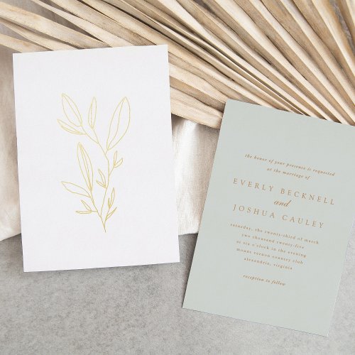 Simple Botanical Stem Wedding Logo Gold Foil Invitation