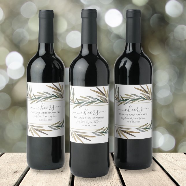 Simple Botanical Watercolor Custom Cheers Wedding Wine Label (Creator Uploaded)