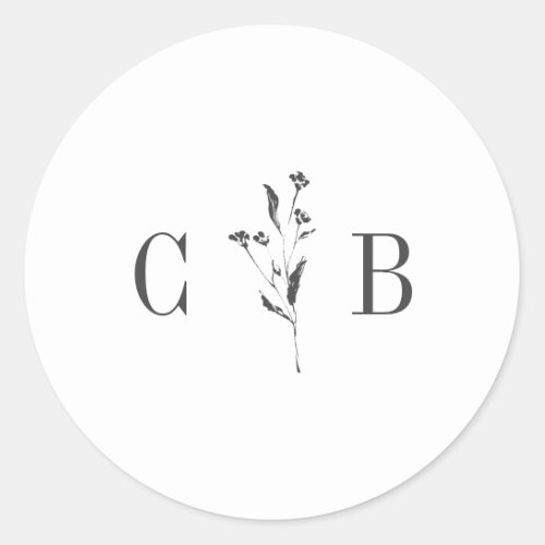 Simple Botanical White Monogram Initial Wedding Classic Round Sticker