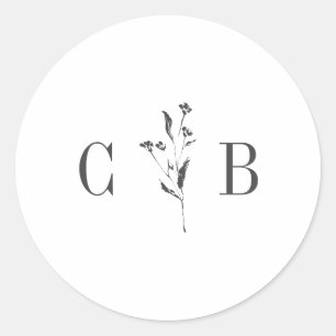 Simple Botanical White Monogram Initial Wedding Classic Round Sticker