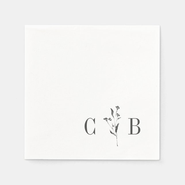 Simple Botanical White Monogram Initial Wedding Napkins (Front)