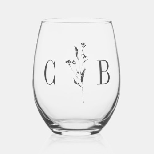 Simple Botanical White Monogram Initial Wedding Stemless Wine Glass