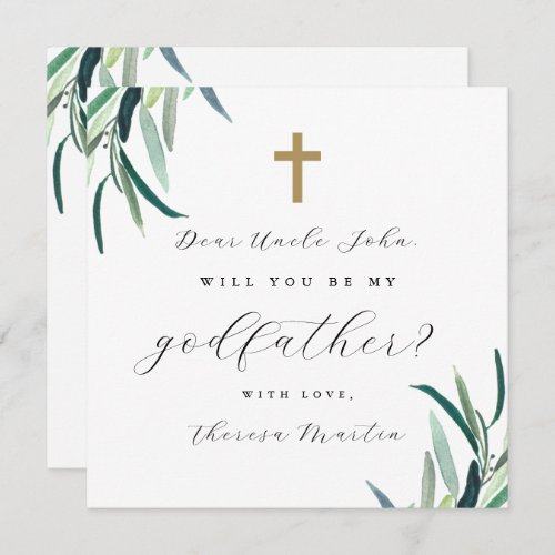 Simple Botanical with Cross Godfather Proposal  Invitation