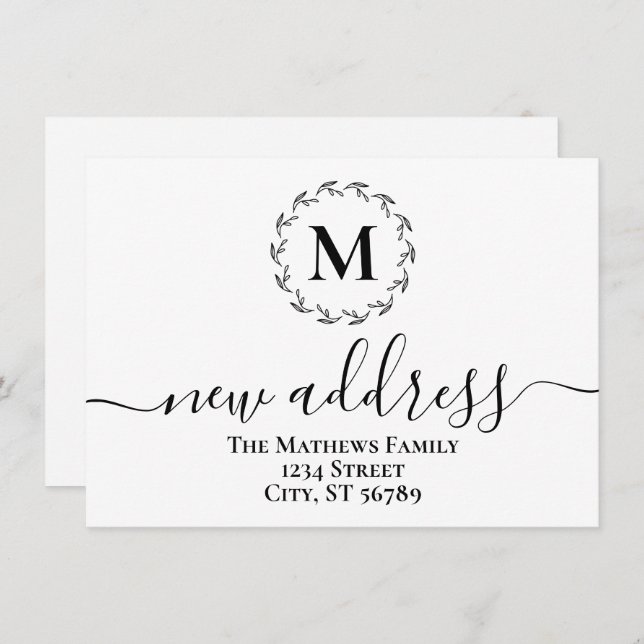 Simple Botanical Wreath Monogram New Address  Announcement (Front/Back)
