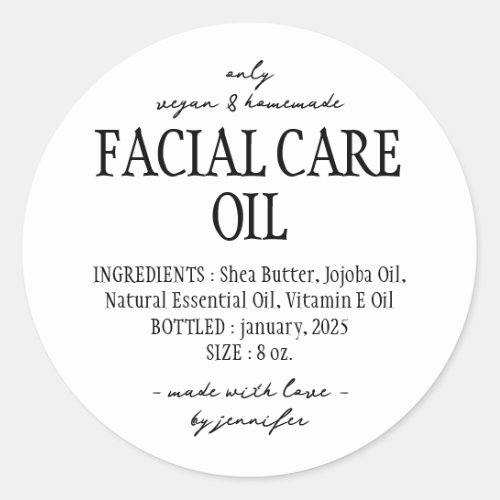 Simple Bottle Facial Care Oil Ingredients Classic Round Sticker