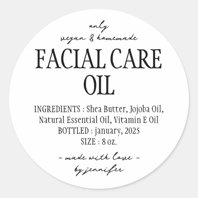 Simple Bottle Facial Care Oil Ingredients Classic Round Sticker (Front)