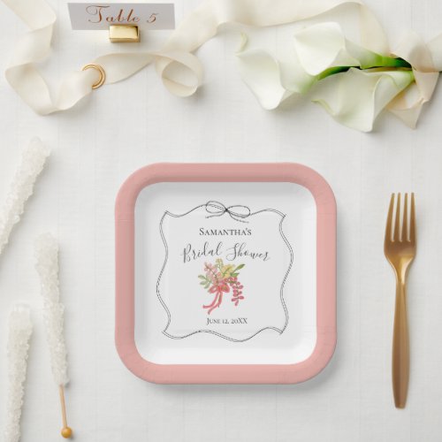Simple Bouquet Hand Drawn Bow Pink Bridal Shower Paper Plates