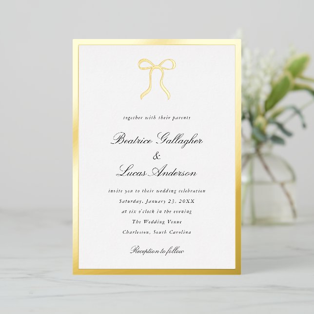Simple Bow Classic Wedding Foil Invitation (Standing Front)