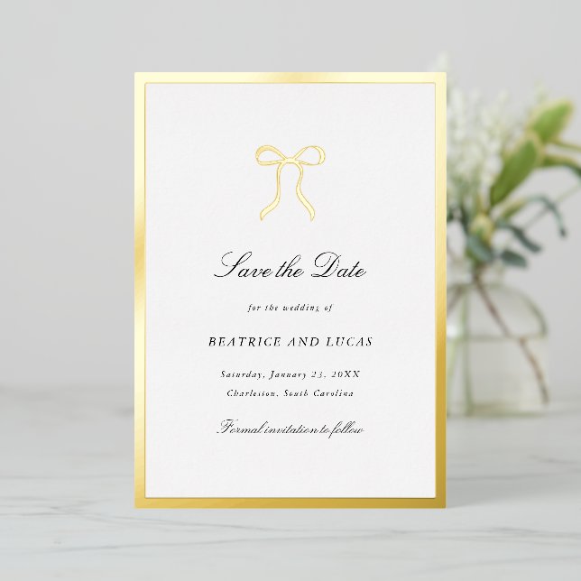 Simple Bow Classic Wedding Save the Date Foil Invitation (Standing Front)